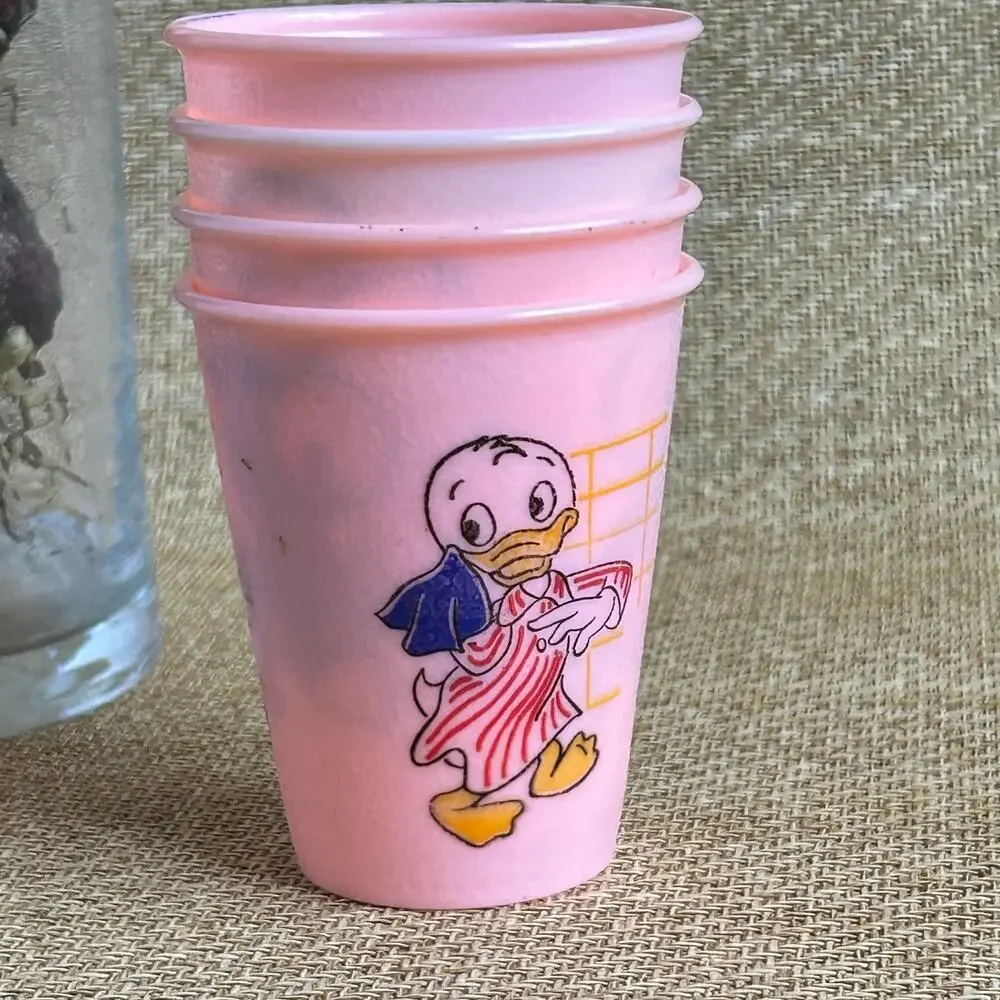 Vintage Disney Huey Dewey Louie Pink Plastic Cups Set of 4 Pajamas 1970s–80s
